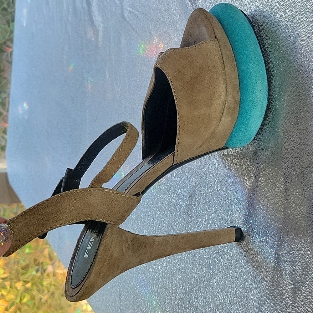 Fendi Vintage Teal & Grey Suede  Platform Peep Toe High Heel Sandal SZ:37/6.5 - Picture 4 of 14